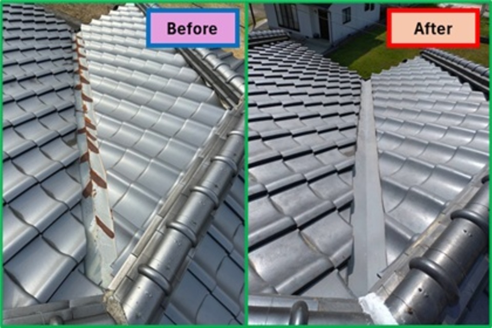 棟瓦継ぎ目修復及び谷板金取替えの画像